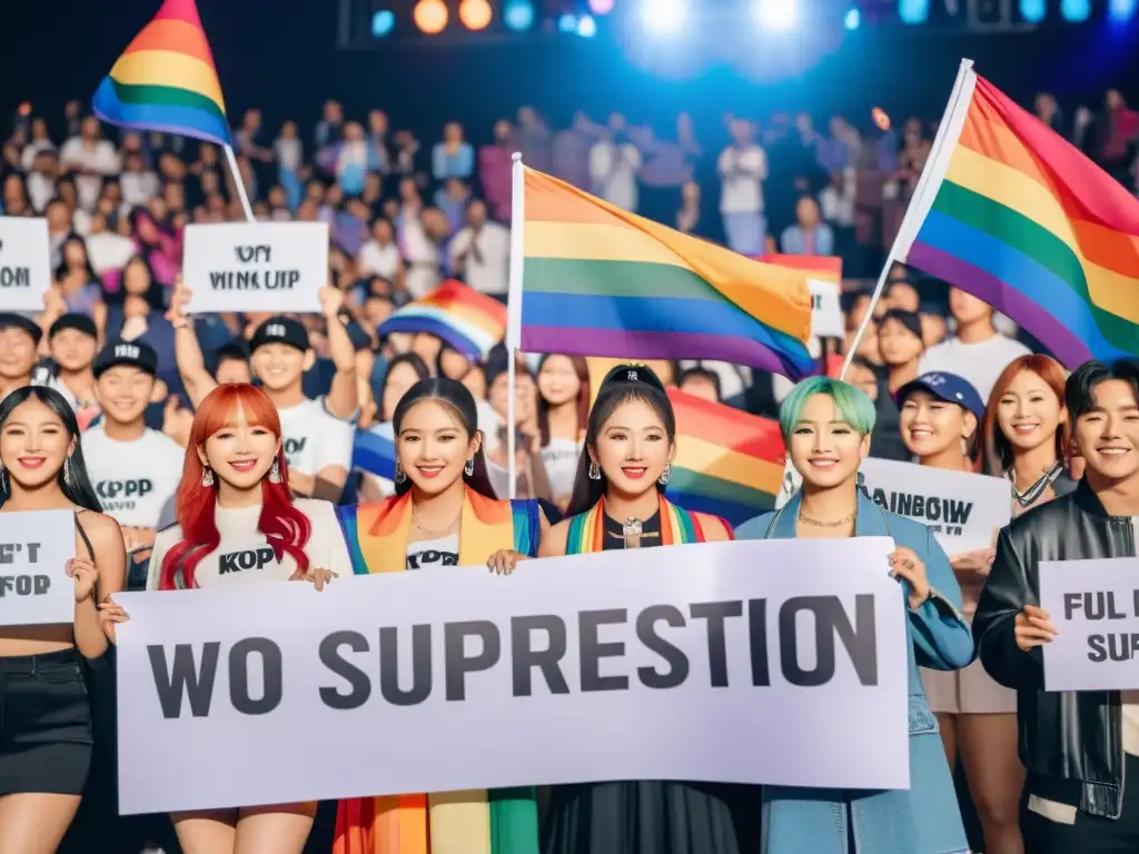 Fans del KPop con banderas arcoíris y carteles apoyando la representación LGBTQ+ en KPop en concierto