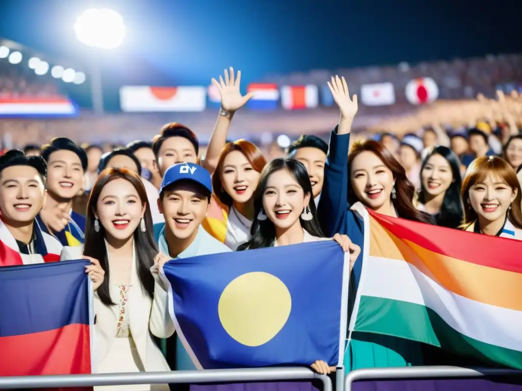 Fans de KPop de diferentes culturas agitando banderas en concierto, mostrando la diversidad cultural en KPop