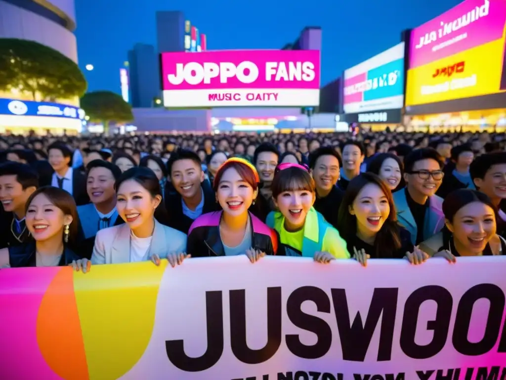 Fans del JPop esperando con emoción frente a un recinto en Tokio, creando una atmósfera vibrante