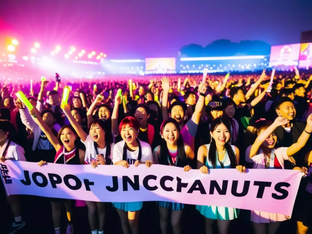 Fans de JPop emocionados agitando sus glowsticks y vitoreando en un concierto en Tokyo, capturando la energía eléctrica y la pasión de la cultura JPop