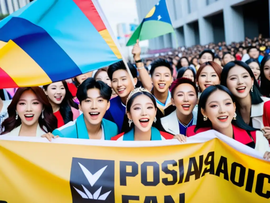 Fans emocionados esperan concierto de KPop en Latinoamérica historia, cantando y sosteniendo pancartas hechas a mano