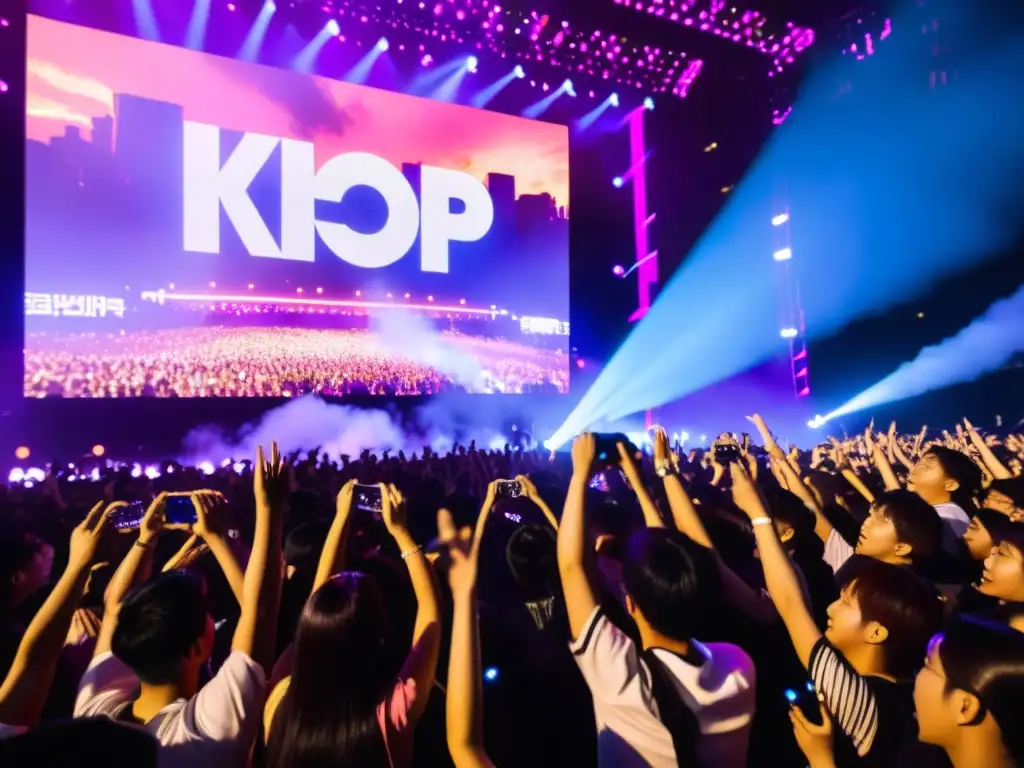 Fans emocionados en concierto de KPop, reflejando la psicología del fenómeno KPop en sus rostros mientras cantan con sus light sticks