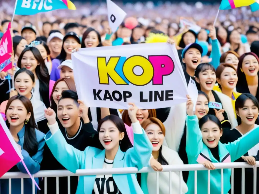 Fans emocionados esperan en fila con pancartas KPop y vestimenta colorida, reflejando la influencia del KPop en eventos globales