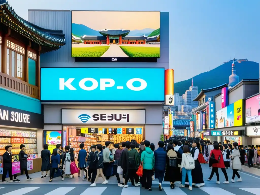 Fans emocionados esperan a sus ídolos Kpop en una bulliciosa calle de Seúl, reflejando la sociedad coreana