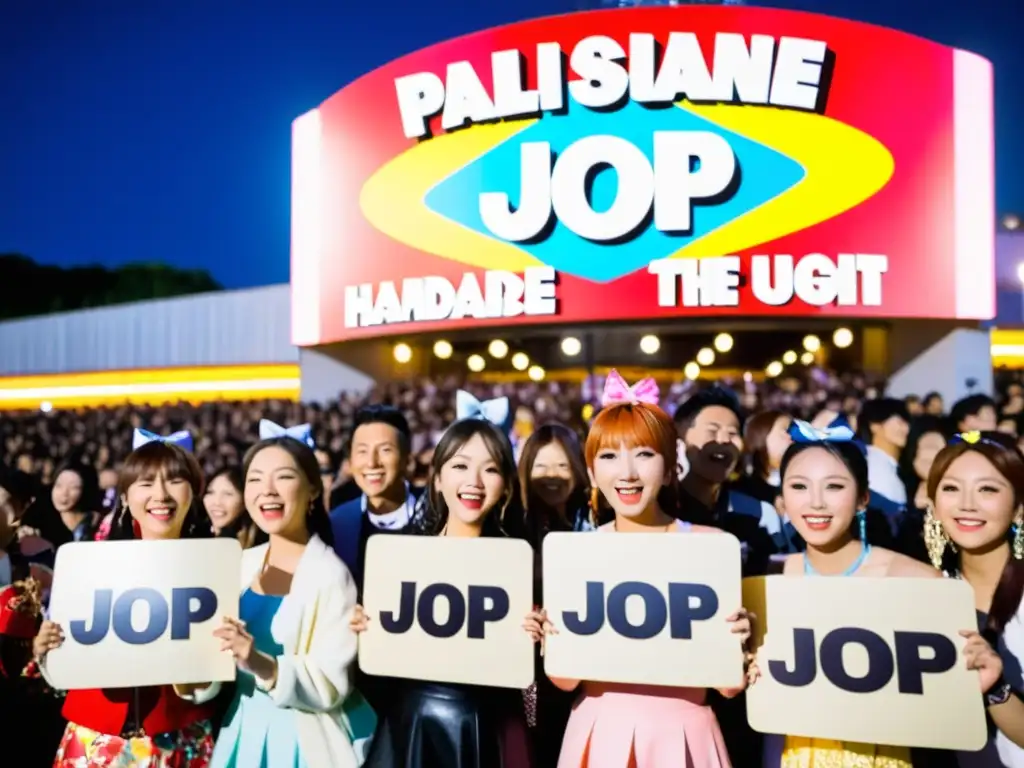 Fans entusiastas de JPop esperan con carteles hechos a mano y trajes coloridos afuera de un concierto, creando una atmósfera vibrante