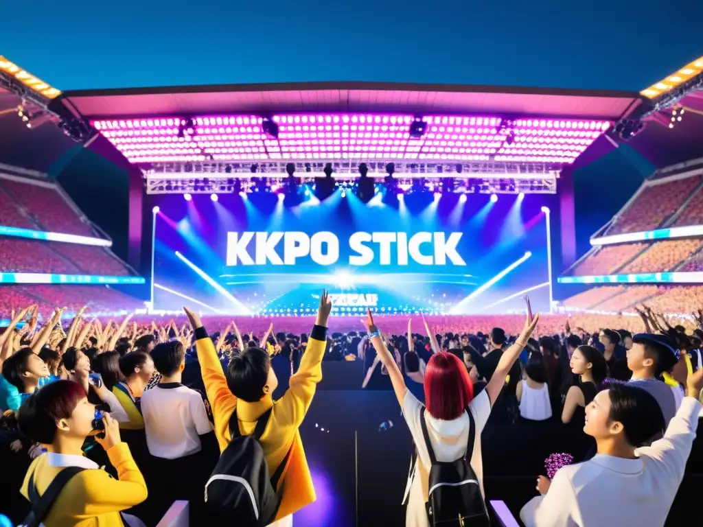 Fans entusiastas animando a sus ídolos de KPop en un estadio lleno