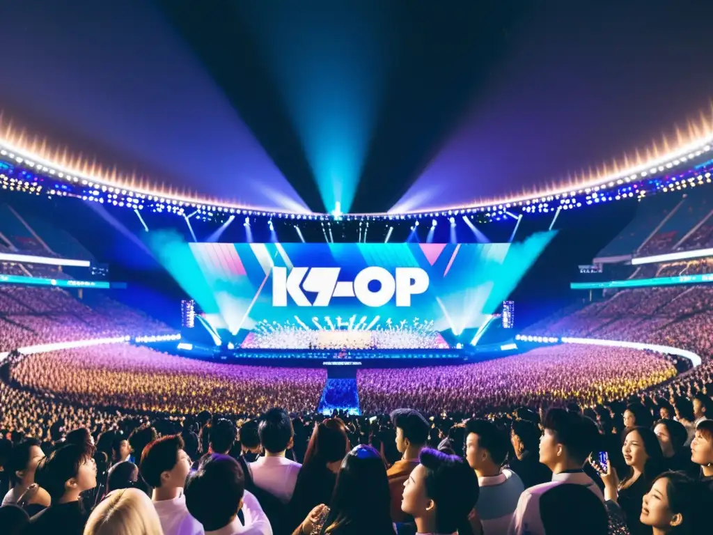 Fans internacionales de KPop llenan un estadio, iluminado por luces deslumbrantes