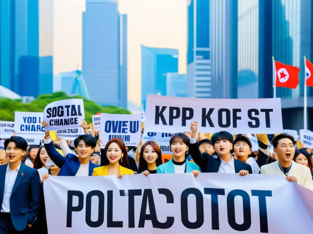 Fans de Kpop con pancartas políticas en las calles de Seúl, mostrando el impacto del Kpop en política con consignas y carteles coloridos