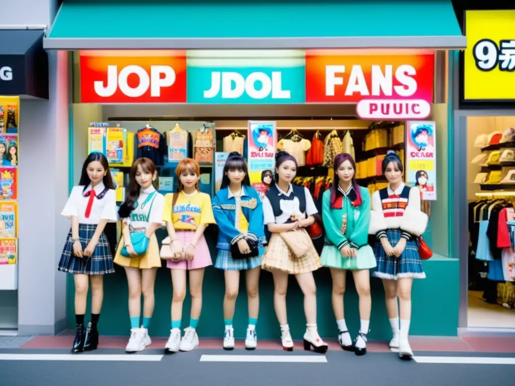 Fans de JPop esperando afuera de una tienda de moda en Tokyo, reflejando el lenguaje de la moda JPop con sus atuendos coloridos y vintage