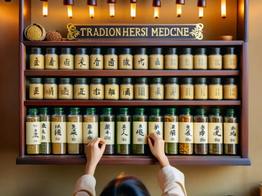 Una farmacia de medicina herbal china tradicional, con cajones de hierbas secas y un practicante midiendo ingredientes