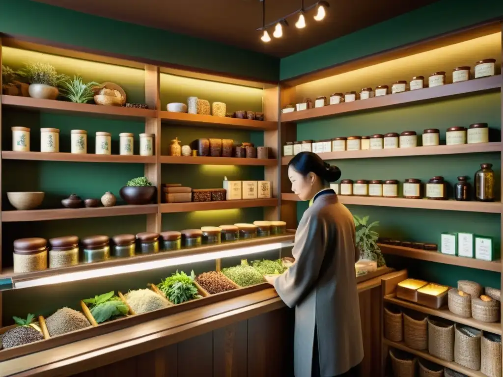 Una farmacia tradicional china con estantes repletos de hierbas, raíces e ingredientes medicinales