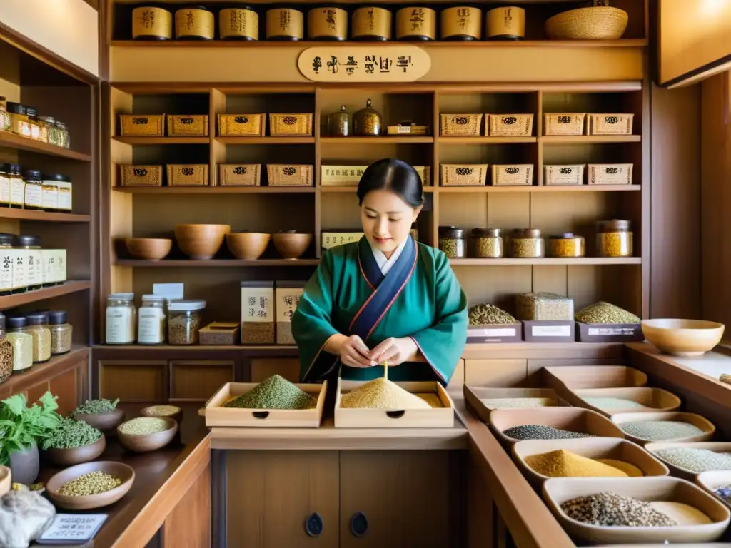 Una farmacia tradicional coreana con hierbas y raíces secas, atendida por una sabia mujer anciana en hanbok