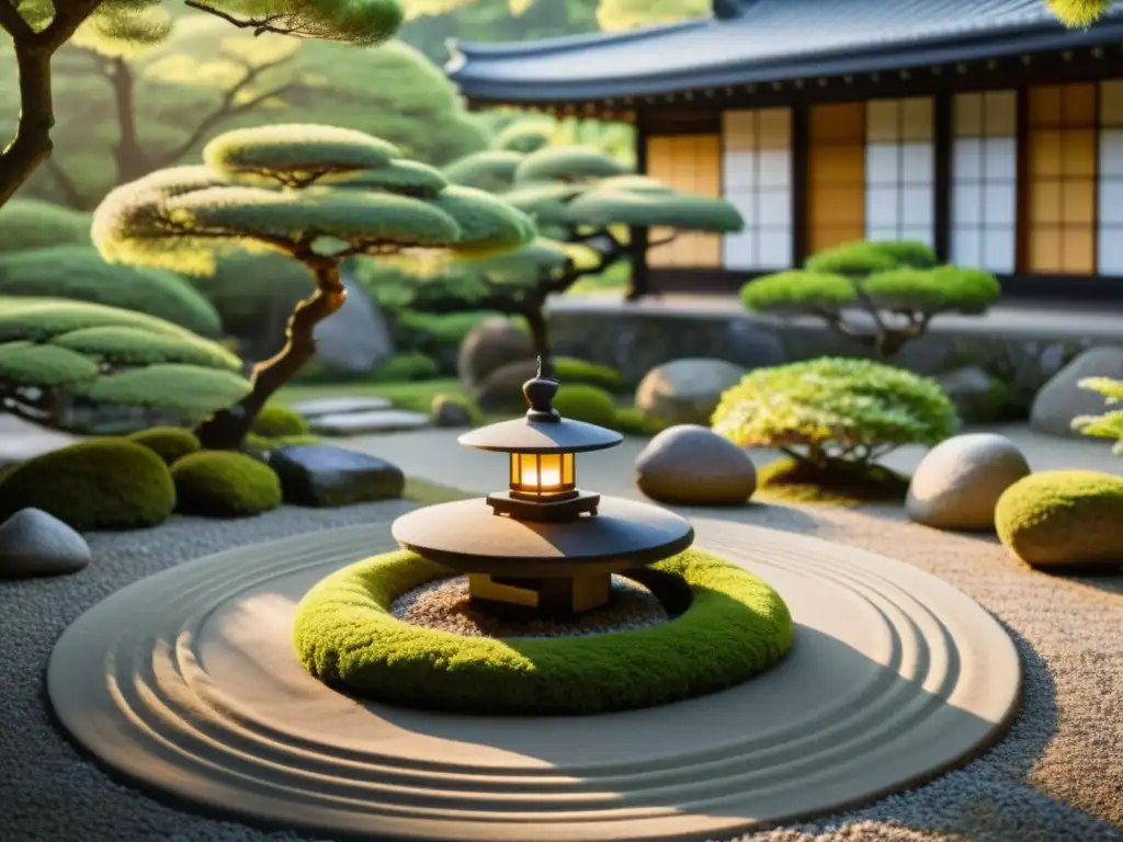 Jardín zen con farol japonés iluminado al atardecer