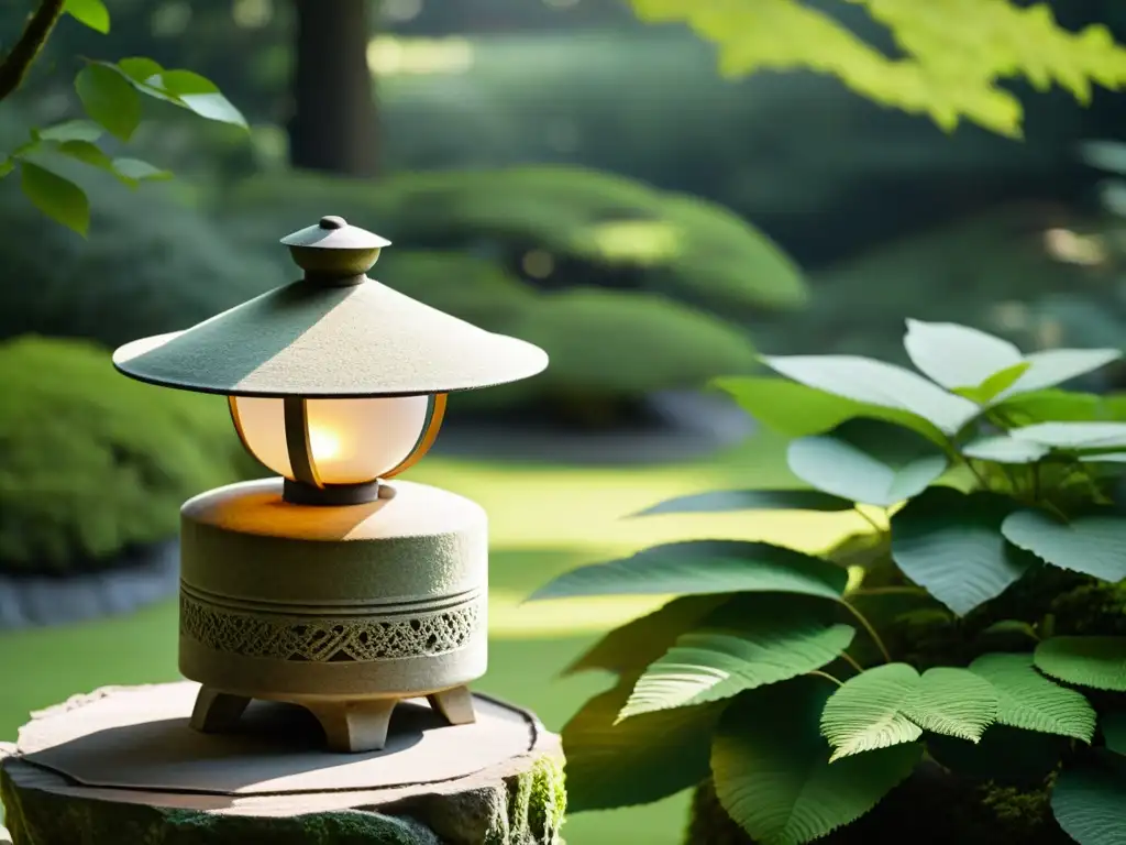 Un farol de piedra cubierto de musgo en un jardín japonés tranquilo, iluminado por la suave luz del amanecer