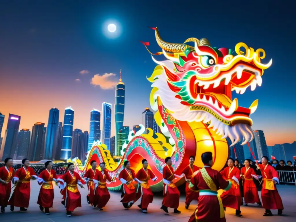 Fascinante danza del dragón en el MidAutumn Festival, con colores vibrantes y detalles milenarios