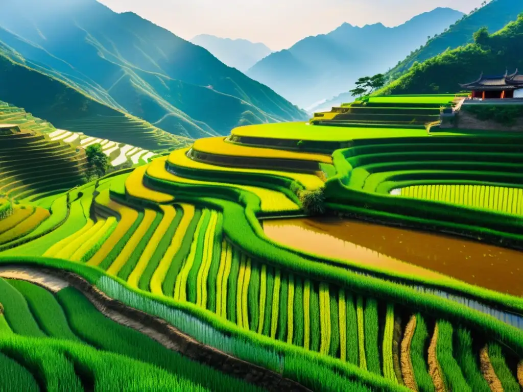 Fascinante paisaje de arrozales en terrazas de la antigua China, con agricultores trabajando la tierra con herramientas tradicionales