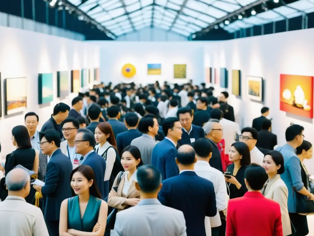 Ferias de arte contemporáneo en Asia: escena vibrante con visitantes y expositores disfrutando de obras llamativas y conversaciones animadas