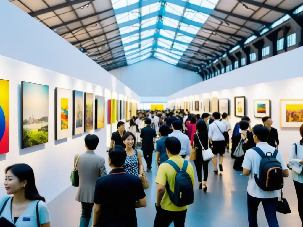 Ferias de arte contemporáneo en Asia: multitud explorando obras vibrantes en un ambiente dinámico y lleno de energía