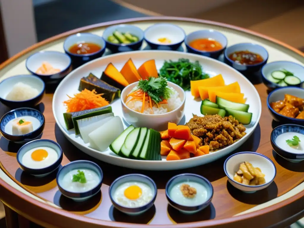 Un festín Baekban de banchan coreanos, arte de combinar platos coreanos en mesa tradicional