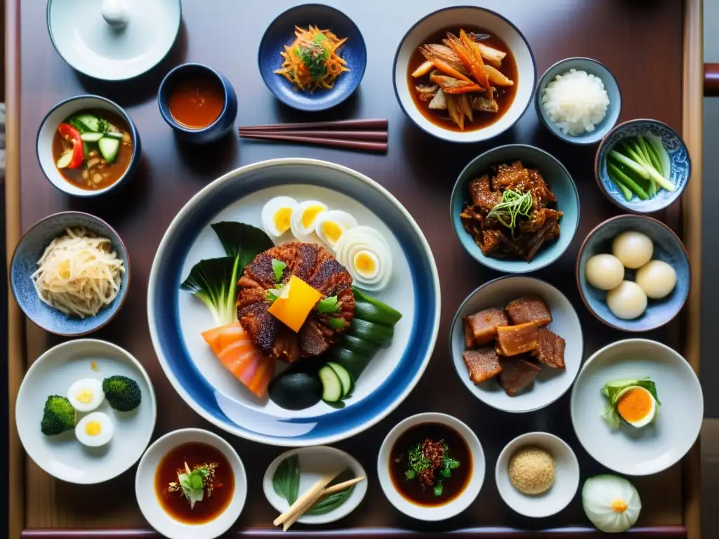 Un festín de sabores coreanos: mesa tradicional con coloridos platos Hanjeongsik, kimchi, jeon y carne guisada
