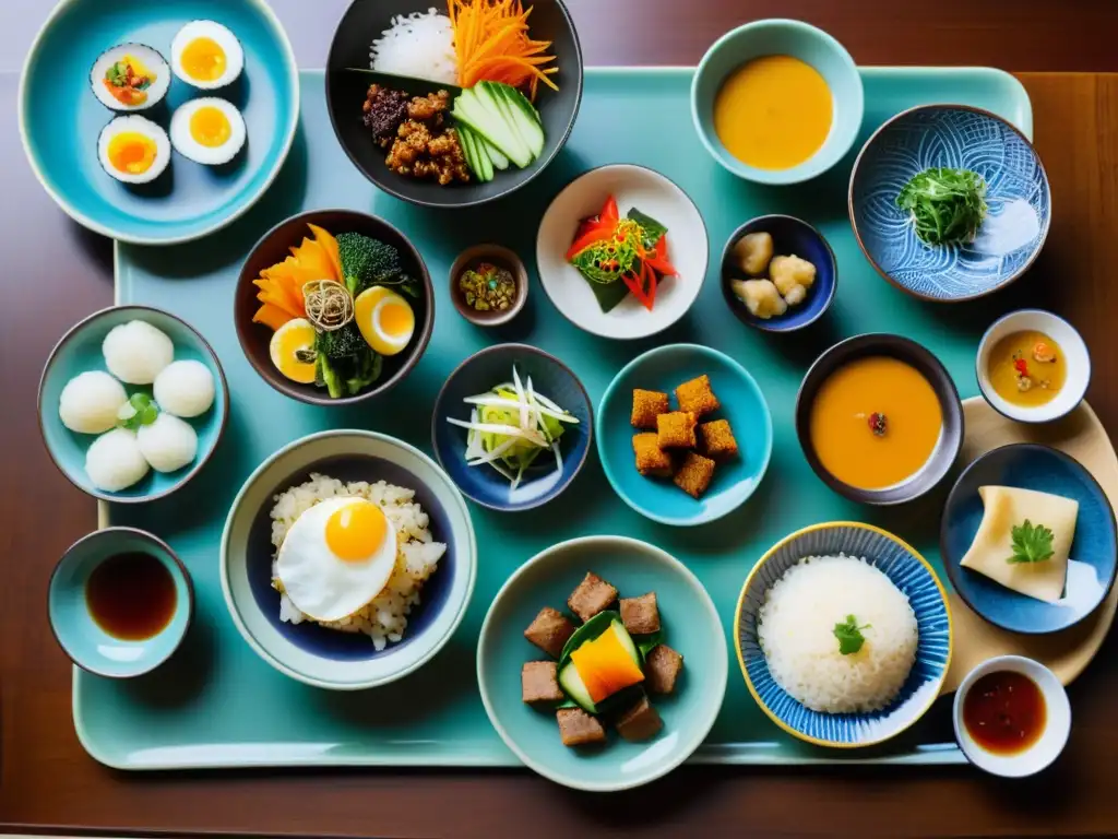 Un festín de sabores coreanos: una mesa tradicional llena de coloridos banchan y exquisiteces, mostrando la historia del banquete de sabores coreanos