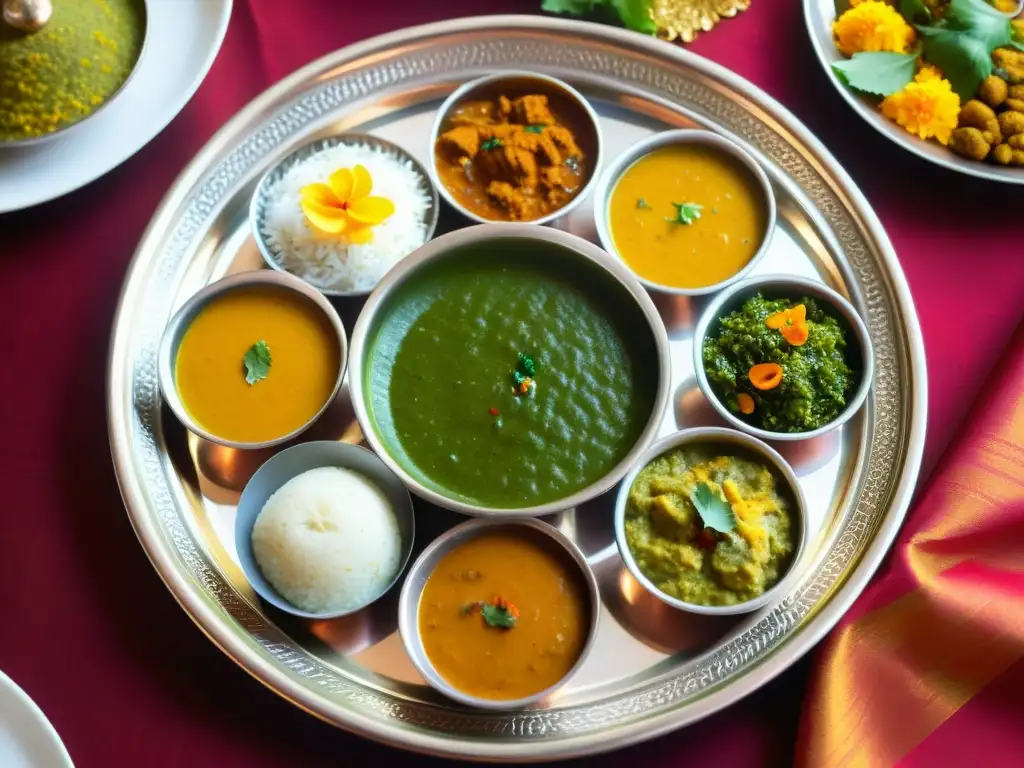 Un festín tradicional Rajasthani con dal, baati, churma y chutneys, dispuesto en un plato de cobre reluciente