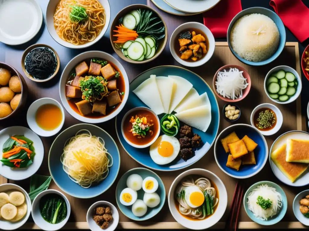 Un festín tradicional coreano de Año Nuevo Lunar con tteokguk, jeon, japchae y banchan, adornado con decoraciones festivas y familia compartiendo