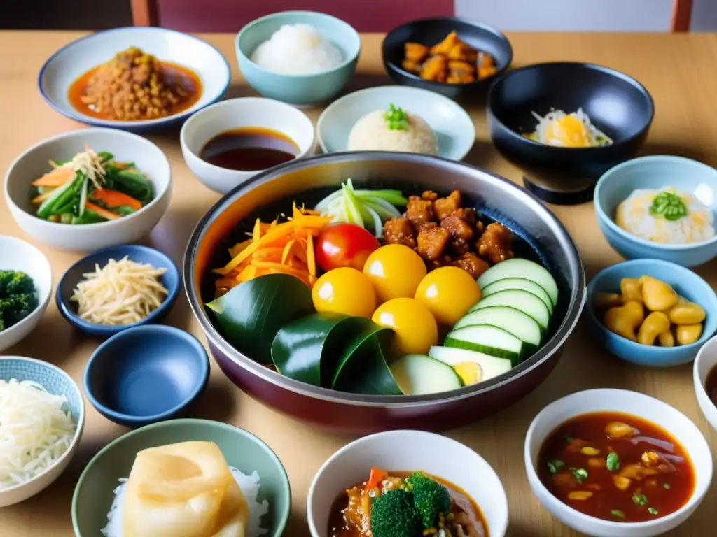 Un festín tradicional coreano con una armonía de platos vibrantes y sabrosos