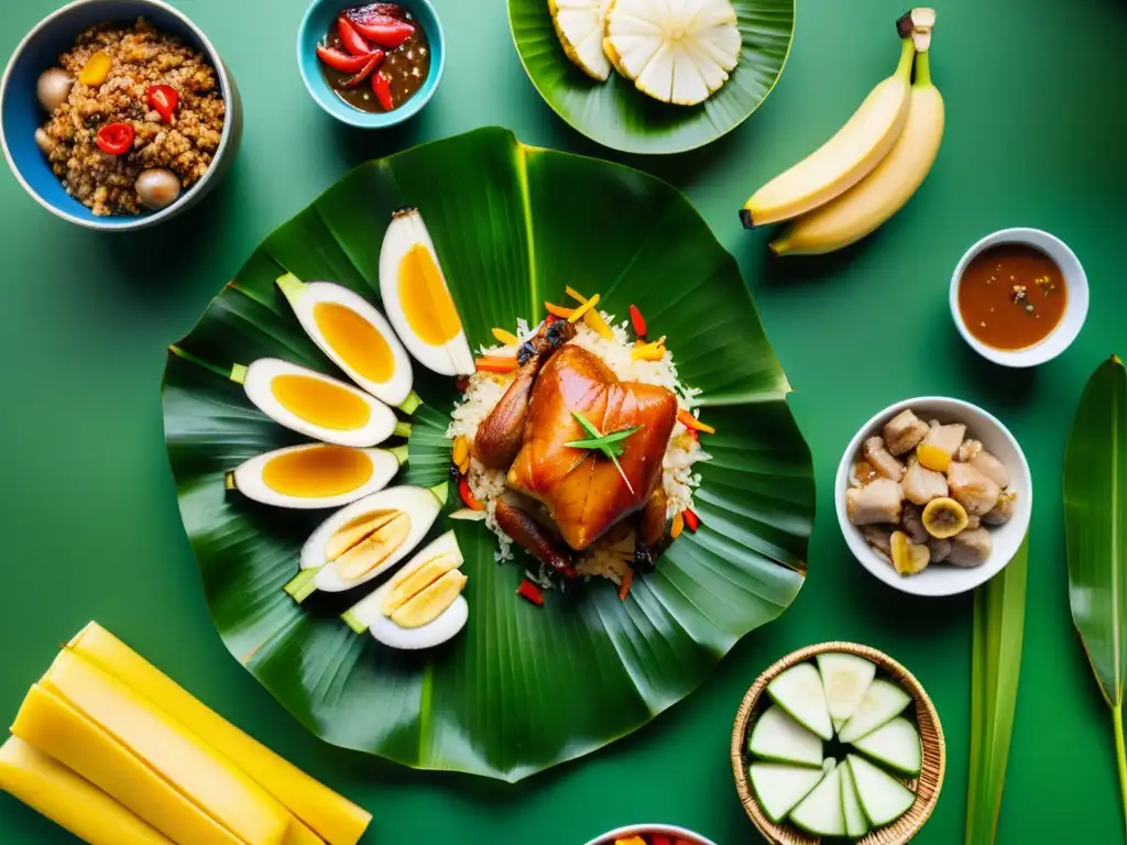 Un festín tradicional filipino se despliega sobre hojas de plátano, con platos como adobo, lechón, sinigang y halo-halo