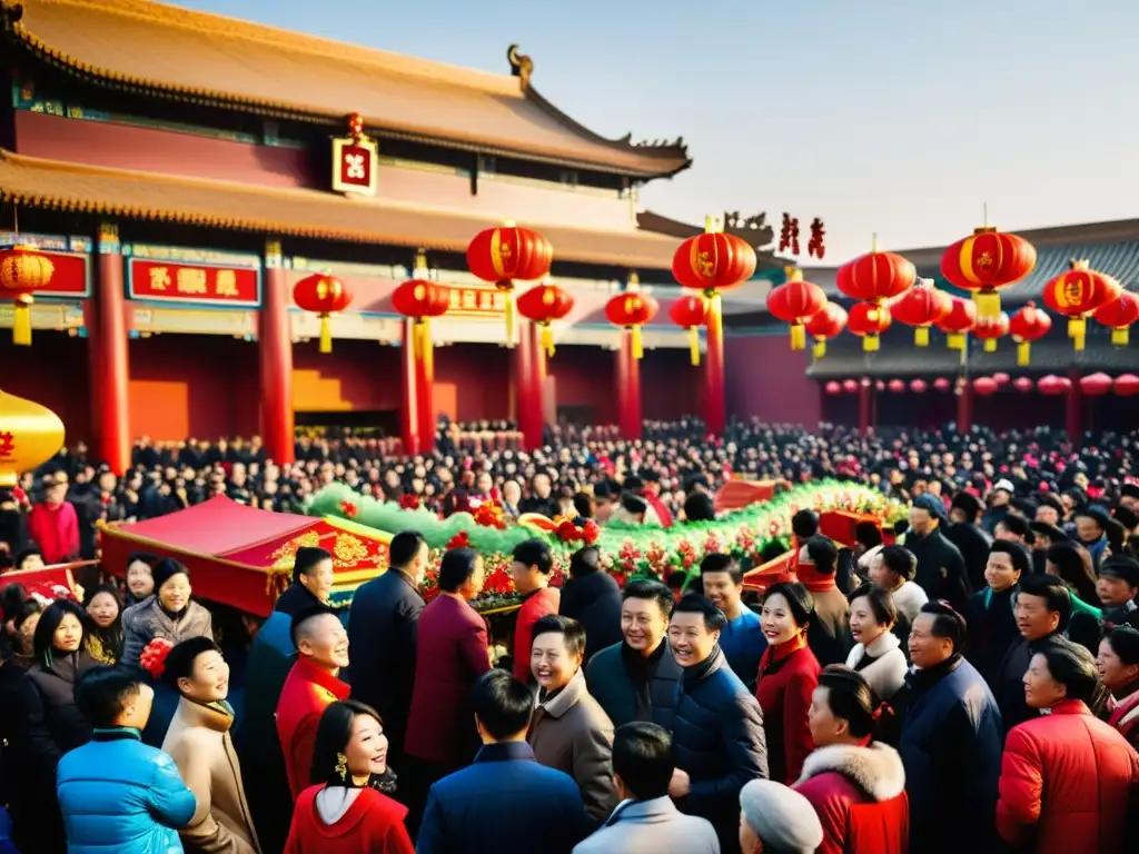 Festiva calle de Beijing durante el Año Nuevo Chino con linternas rojas y desfiles de dragones