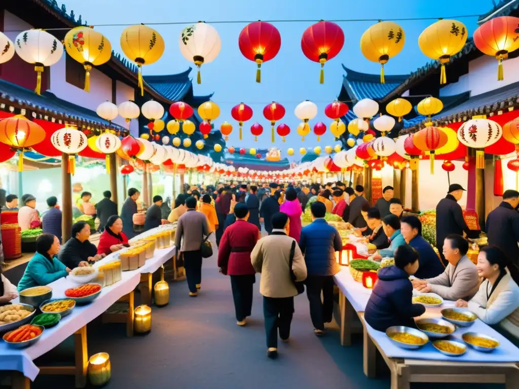 Una festiva celebración del festival tradicional Dongzhi en Asia, con coloridos mercados, música y danzas tradicionales, y deliciosa comida estacional