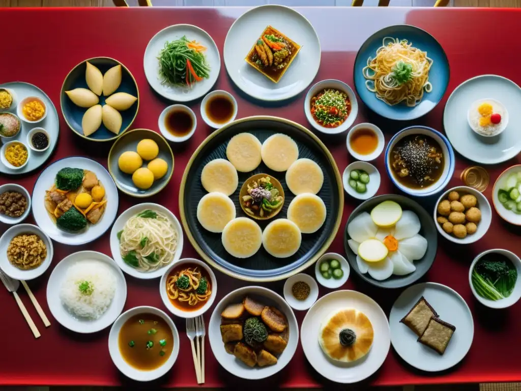 Una festiva cena de Año Nuevo Lunar coreano llena de tradición y significado, con platos coloridos y familiares vestidos con hanbok