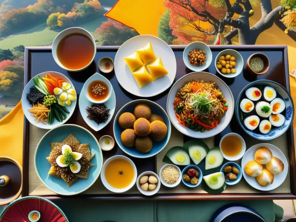 Una festiva mesa de Chuseok con platos tradicionales coreanos y familia en hanbok, bajo la cálido sol y hermoso paisaje otoñal