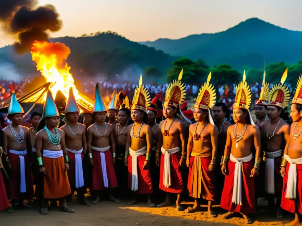 Un festival ancestral en Myanmar, con bailarines tradicionales alrededor de una fogata