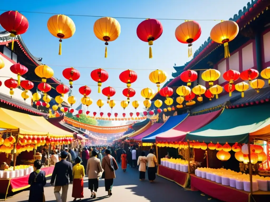 Un festival asiático vibrante y bullicioso con coloridas linternas y multitudes en atuendos tradicionales