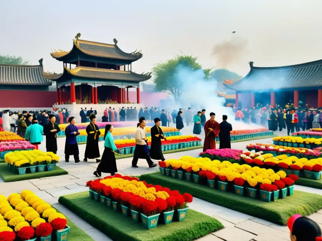 Festival Qingming: Celebración colorida en China con ofrendas y reverencia en tumbas ancestrales, rodeada de arquitectura y naturaleza exuberante