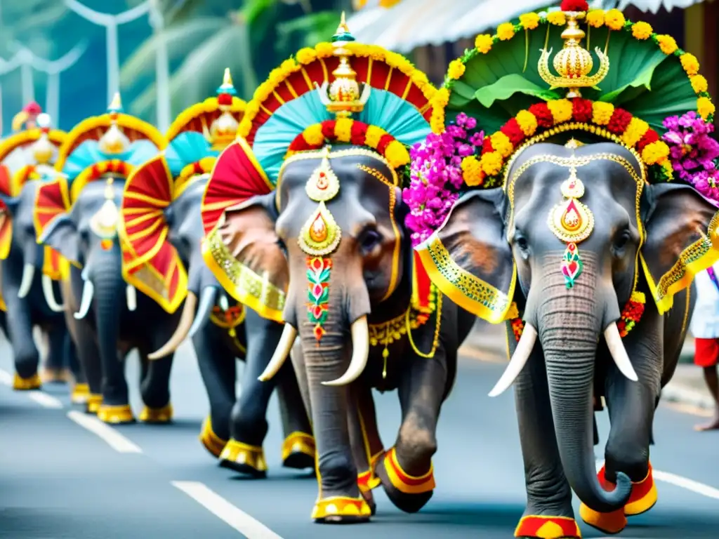 En el Festival de Kandy Esala Perahera, elefantes adornados desfilan entre danzas y música por las calles de Sri Lanka, creando una atmósfera mágica