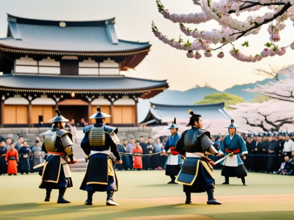 Un festival japonés tradicional con samuráis realizando una demostración de artes marciales, preservando la cultura samurái en Japón