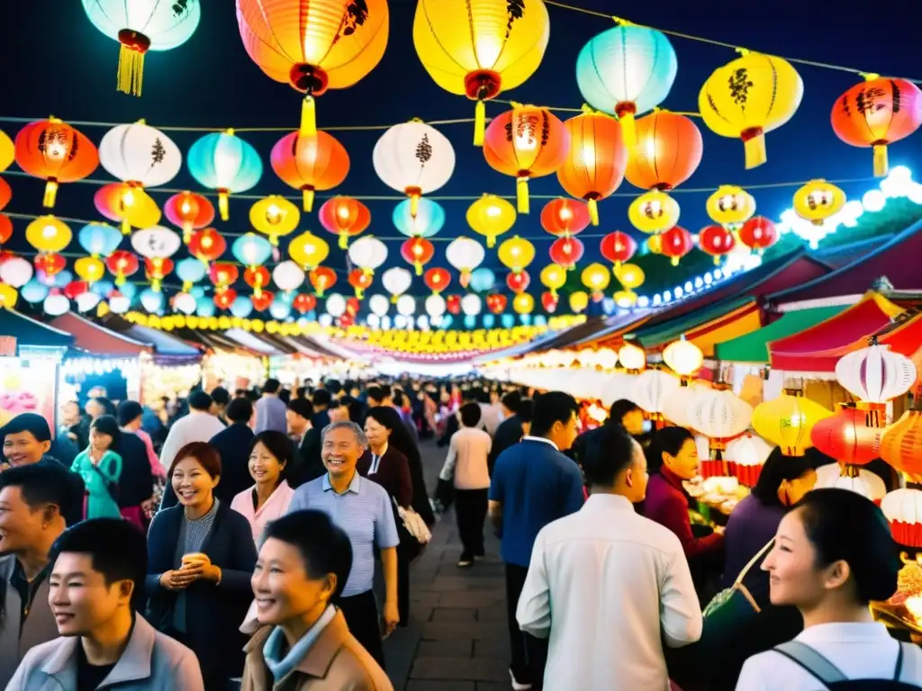 Festival de la Luna tradiciones: Un bullicioso mercado nocturno en Taiwán, con coloridas linternas iluminando la escena festiva bajo la luna