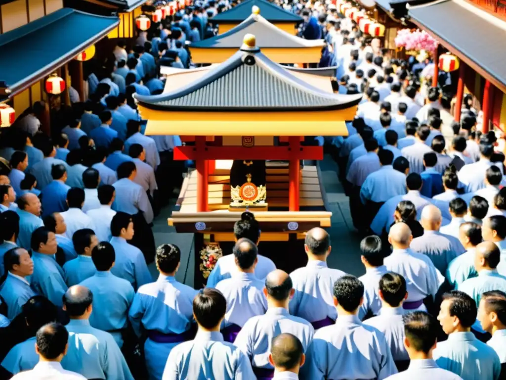 Un festival Gion Matsuri en Kioto, Japón, muestra espiritualidad y tradición con un mikoshi decorado llevado por una multitud vestida con yukatas