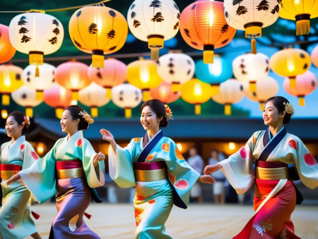 Festival Obon honrando ancestros Japón: Fotografía detallada de una danza tradicional con kimonos coloridos y una atmósfera etérea