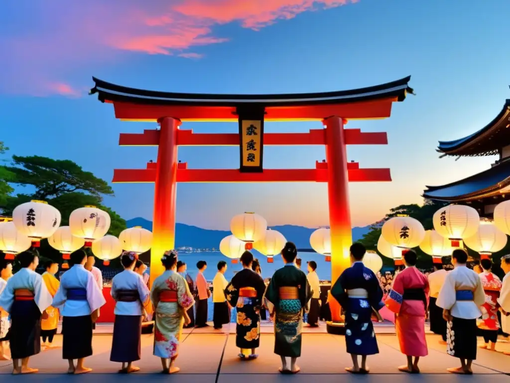 Festival Obon honrando ancestros Japón: Danzas y coloridos yukatas bajo los vibrantes faroles en el cielo nocturno