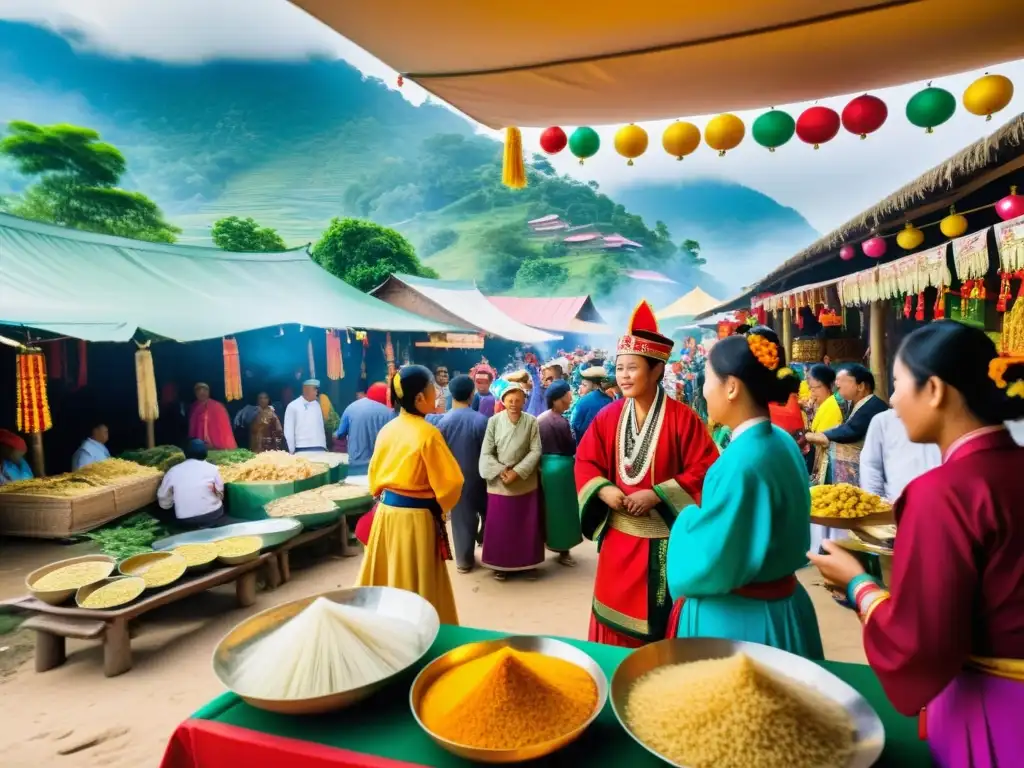 Festivales ancestrales en Asia profunda: Escena colorida con mercadillo, danza tradicional y paisaje exuberante