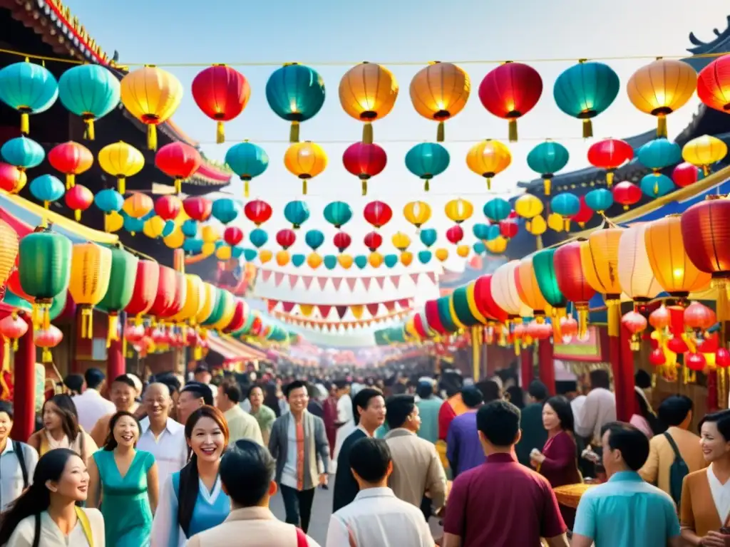 Festivales Asiáticos Tradición Global: Una escena vibrante de festival con linternas y una multitud diversa disfrutando de actividades culturales