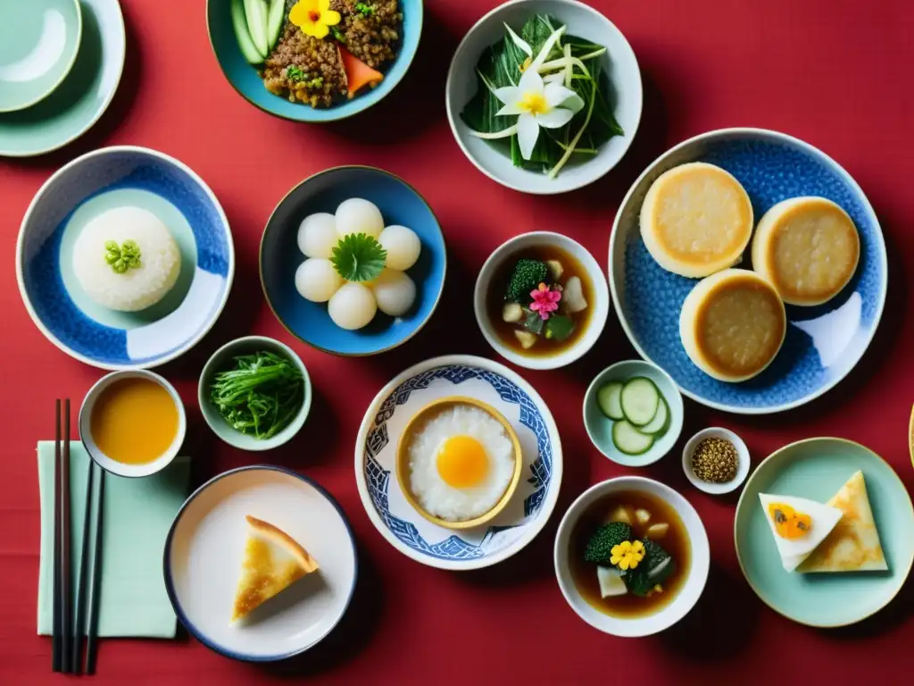 Un festivo banquete tradicional coreano de Año Nuevo Lunar con platos simbólicos y decoraciones coloridas