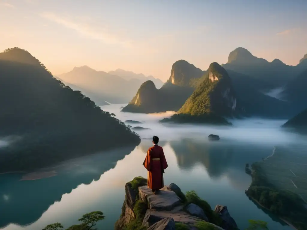 Figura china en el acantilado, contemplando el lago bajo la niebla