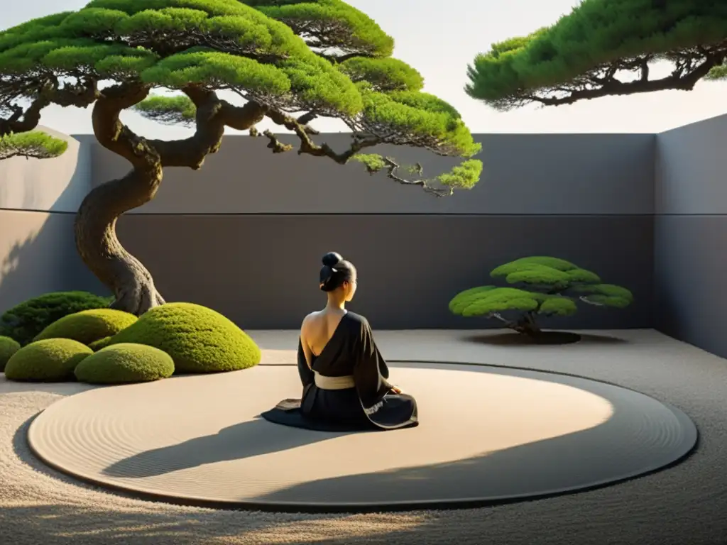 Un jardín zen con figura meditando, reflejo de disciplina y libertad en meditación zen