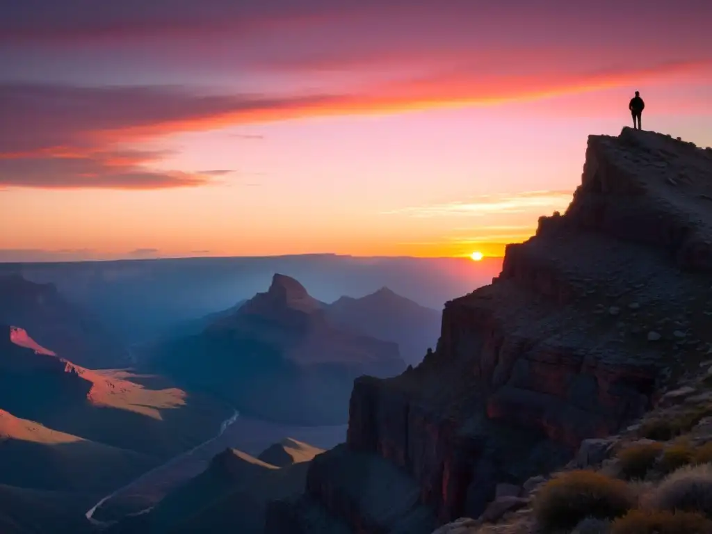 Figura solitaria contemplando el atardecer en la cumbre, evocando la melancolía de los Poemas Li Bai