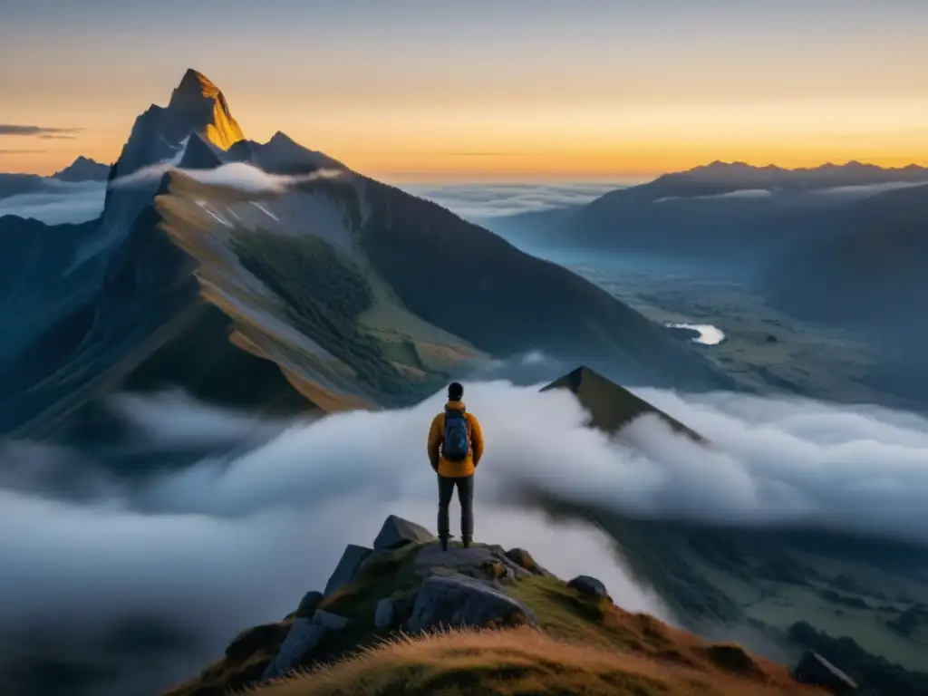 Figura solitaria en la cima neblinosa al amanecer, con luz dorada bañando picos