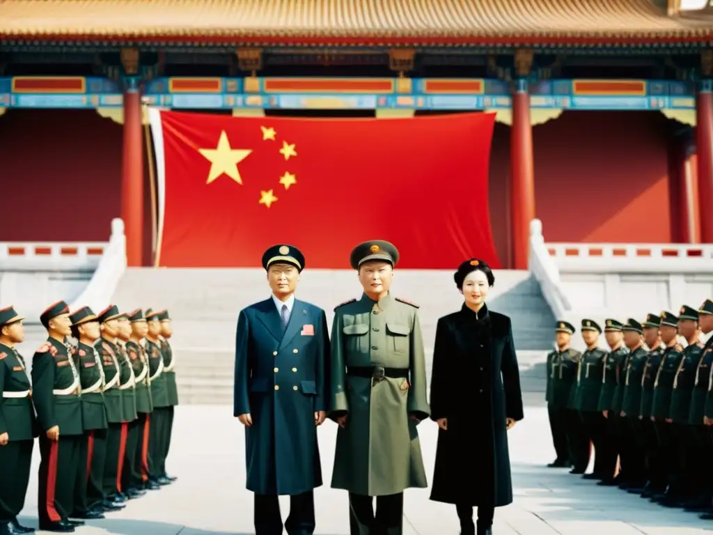 Figuras clave de la Revolución Xinhai posan frente a la bandera de la República China en un patio histórico